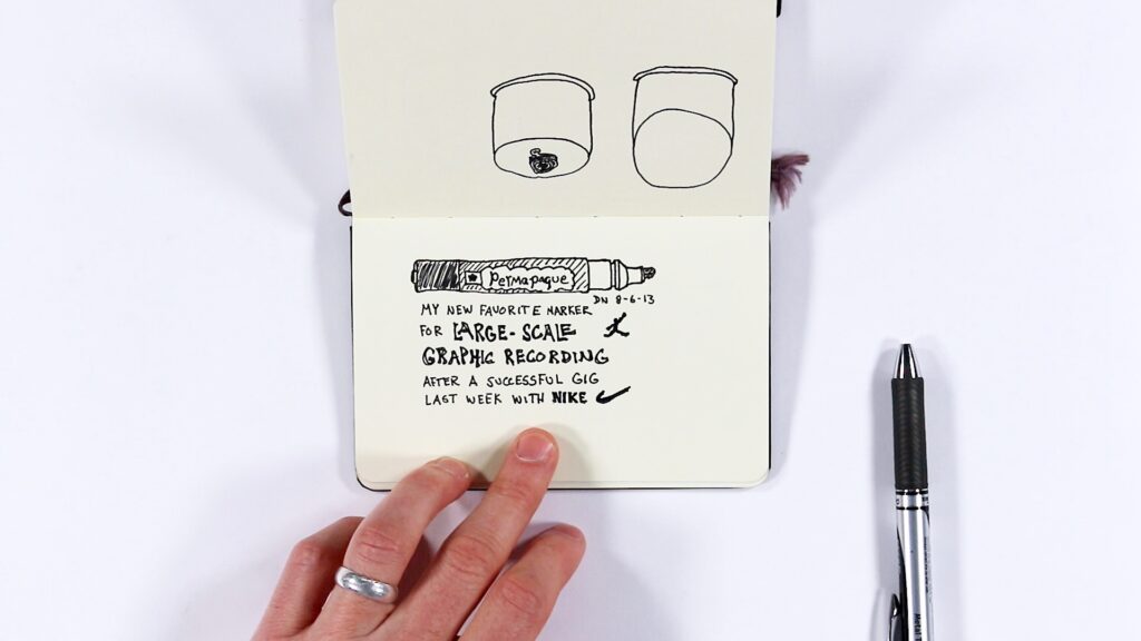 A hand holds open a small sketchbook with two pens resting nearby. The top page shows simple line drawings of two ceramic cups or bowls. The bottom page features a detailed sketch of a Permapaque marker with handwritten text: "My new favorite marker for large-scale graphic recording after a successful gig last week with Nike," accompanied by the Nike swoosh logo, dated DN 8-6-13.