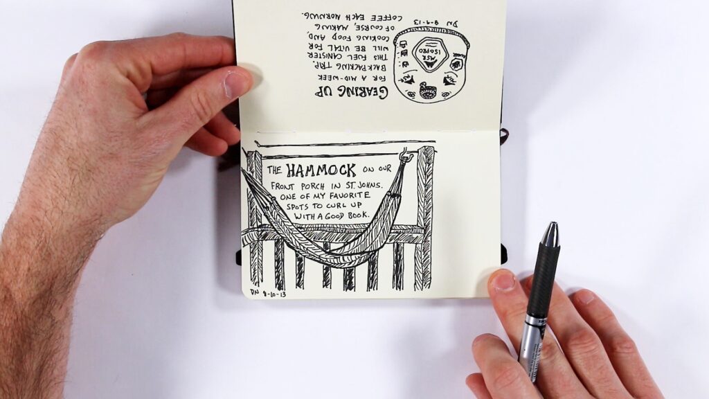 Two hands hold open a small sketchbook with a pen nearby. The top page (upside down) shows a sketch of an Isopro fuel canister with text about "Gearing up for a mid-week backpacking trip" and mentions cooking food and making coffee each morning. The bottom page features a detailed ink drawing of a hammock strung between posts on a front porch, with text: "The hammock on our front porch in St. Johns. One of my favorite spots to curl up with a good book," dated 8-10-13.