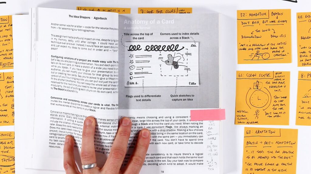 A hand resting on an open book titled "The Idea Shapers" by Agerbeck, showing a page about "Anatomy of a Card" with a sample format diagram illustrating how to use index cards for visual thinking — including a title across the top, corners for indexing, flags for differentiating text details, and quick sketches to capture ideas. Orange sticky notes with hand-drawn visual notes are visible in the background, along with a pink sticky note used as a bookmark. The book page discusses coherence, consistency, and configuring variations of a project using cards.
