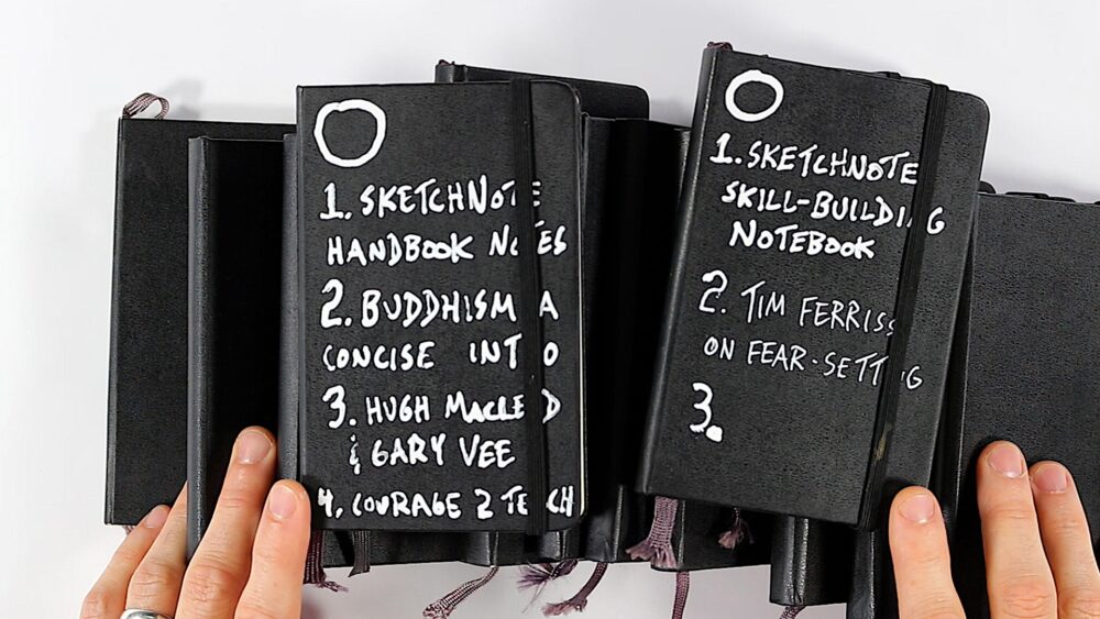 A collection of filled black sketchbooks held up by two hands, each labeled on the cover with white hand-lettered text listing their contents — including Sketchnote Handbook Notes, Buddhism, Hugh MacLeod & Gary Vee, Courage 2 Teach, Sketchnote Skill-Building Notebook, and Tim Ferriss on Fear-Setting.